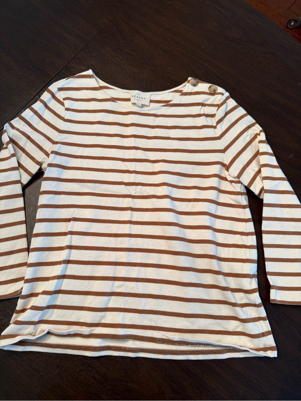 Sezane Colette Mariniere Long-Sleeve Striped Tee in Brown & Cream